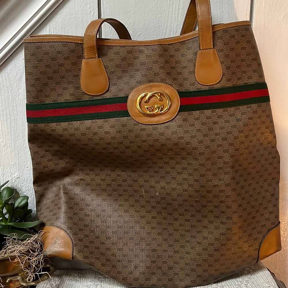 Vintage preloved waxed canvas and leather Gucci tote